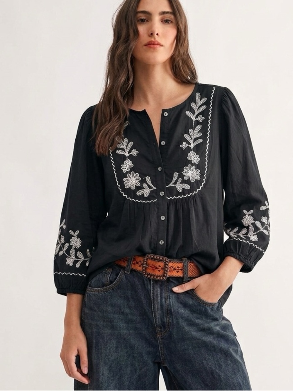 Embroidered Button-Front Blouse in Black Boho Festival Cottagecore NWT